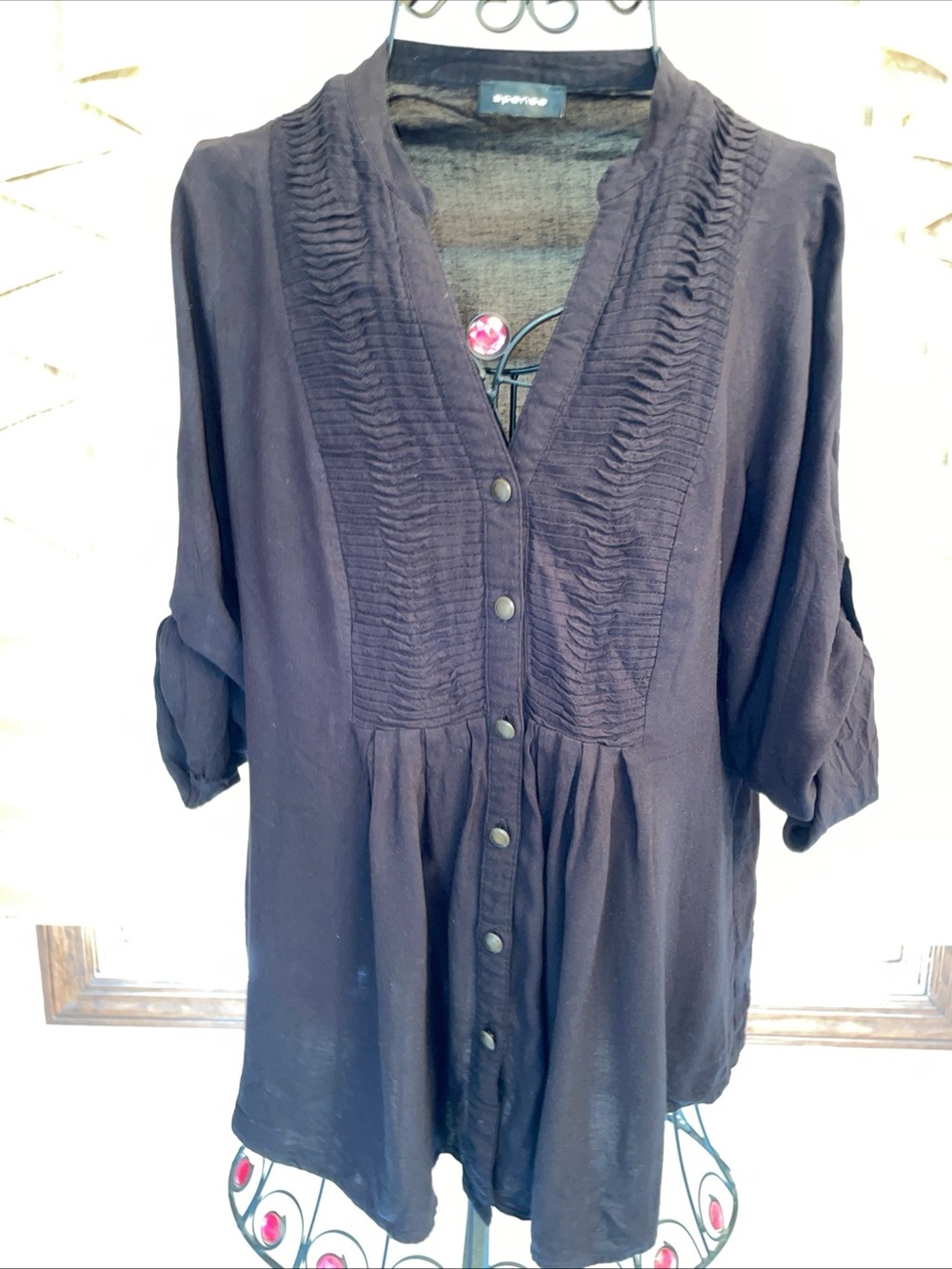Spense Womens Black Button Down stacked horizontal pleating Bodice Top Size M